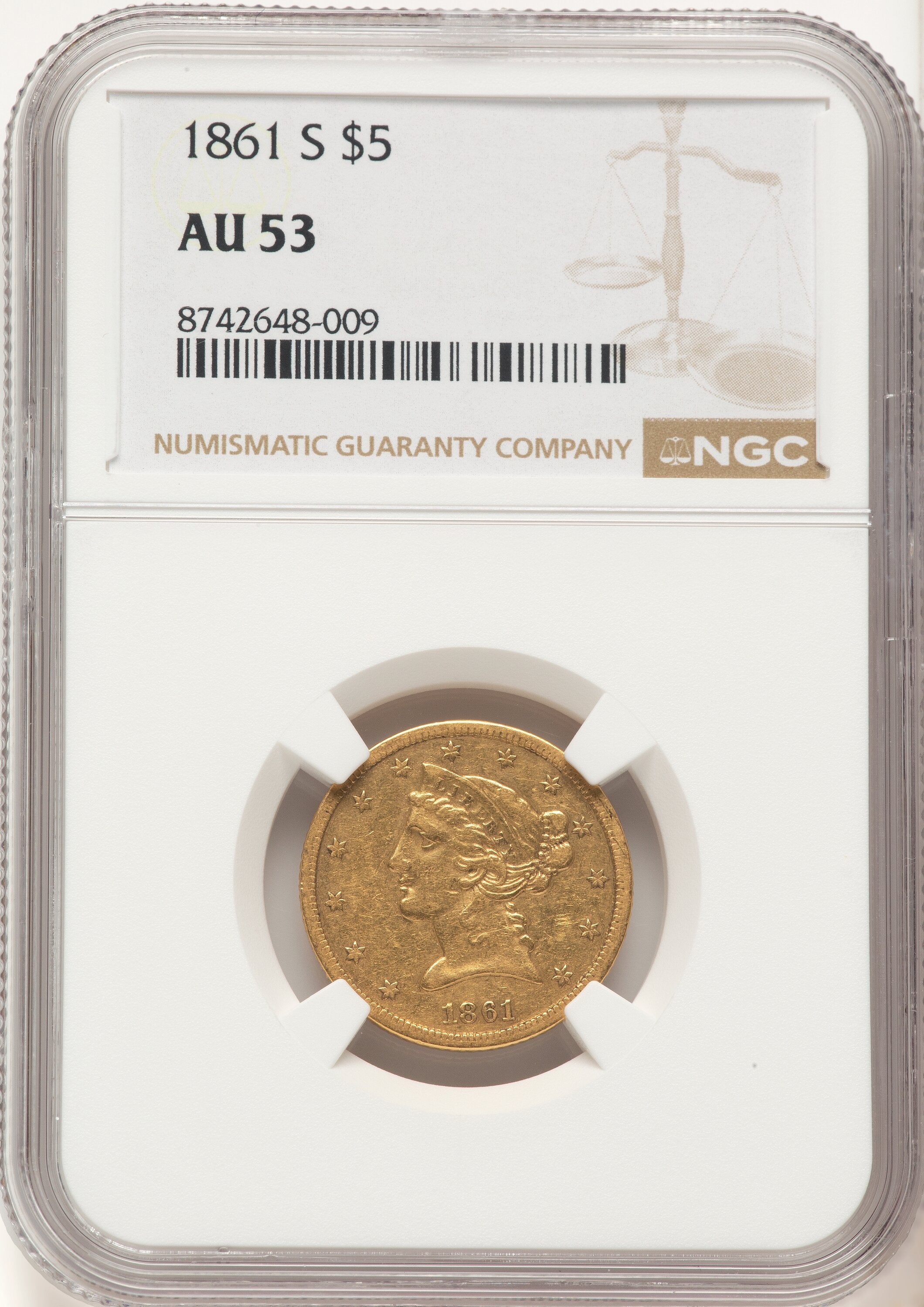 1861-S $5 Liberty Half Eagle NGC AU53
