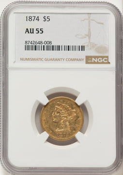 1874 $5 Liberty Half Eagle NGC AU55