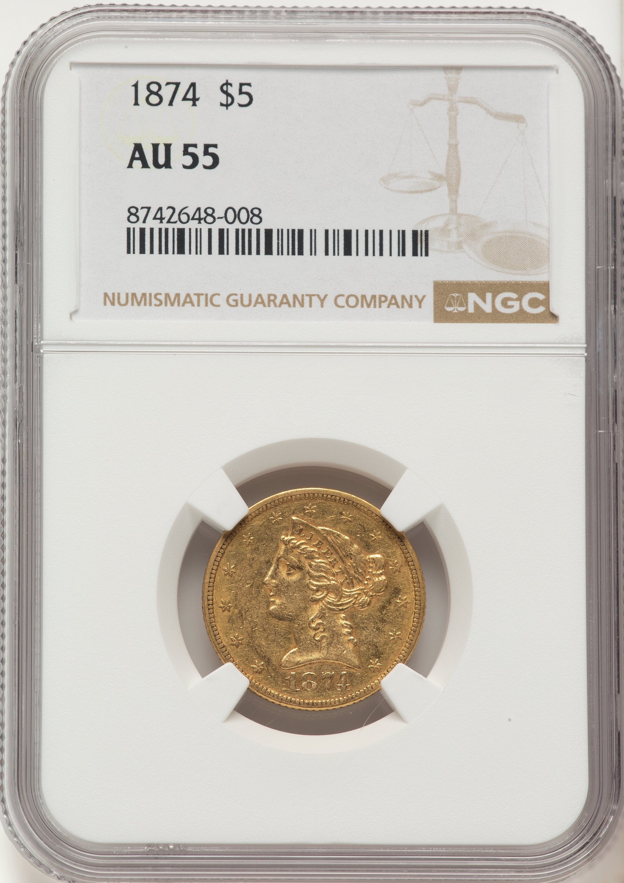 1874 $5 Liberty Half Eagle NGC AU55