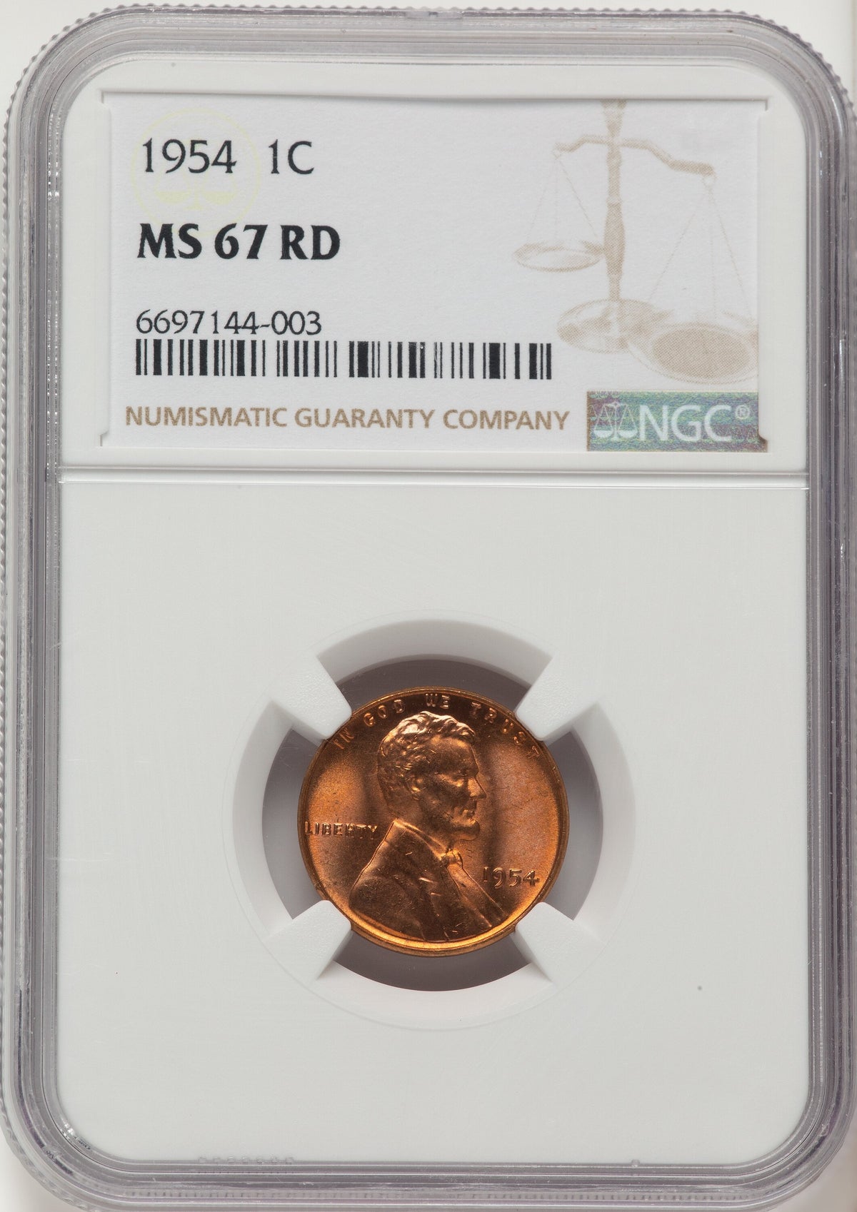 1954 1C RD Lincoln Cent NGC MS67
