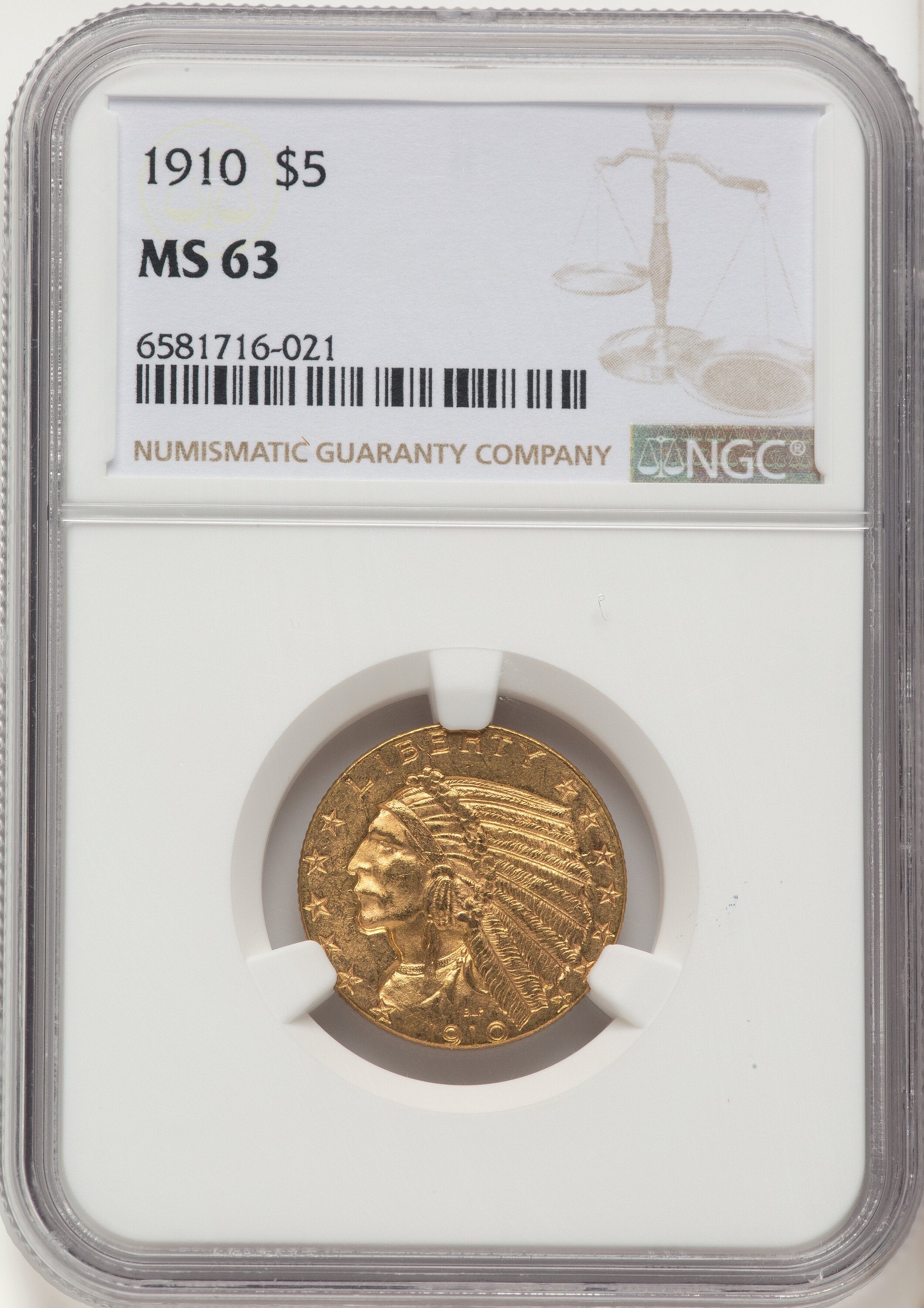 1910 $5 Indian Half Eagle NGC MS63