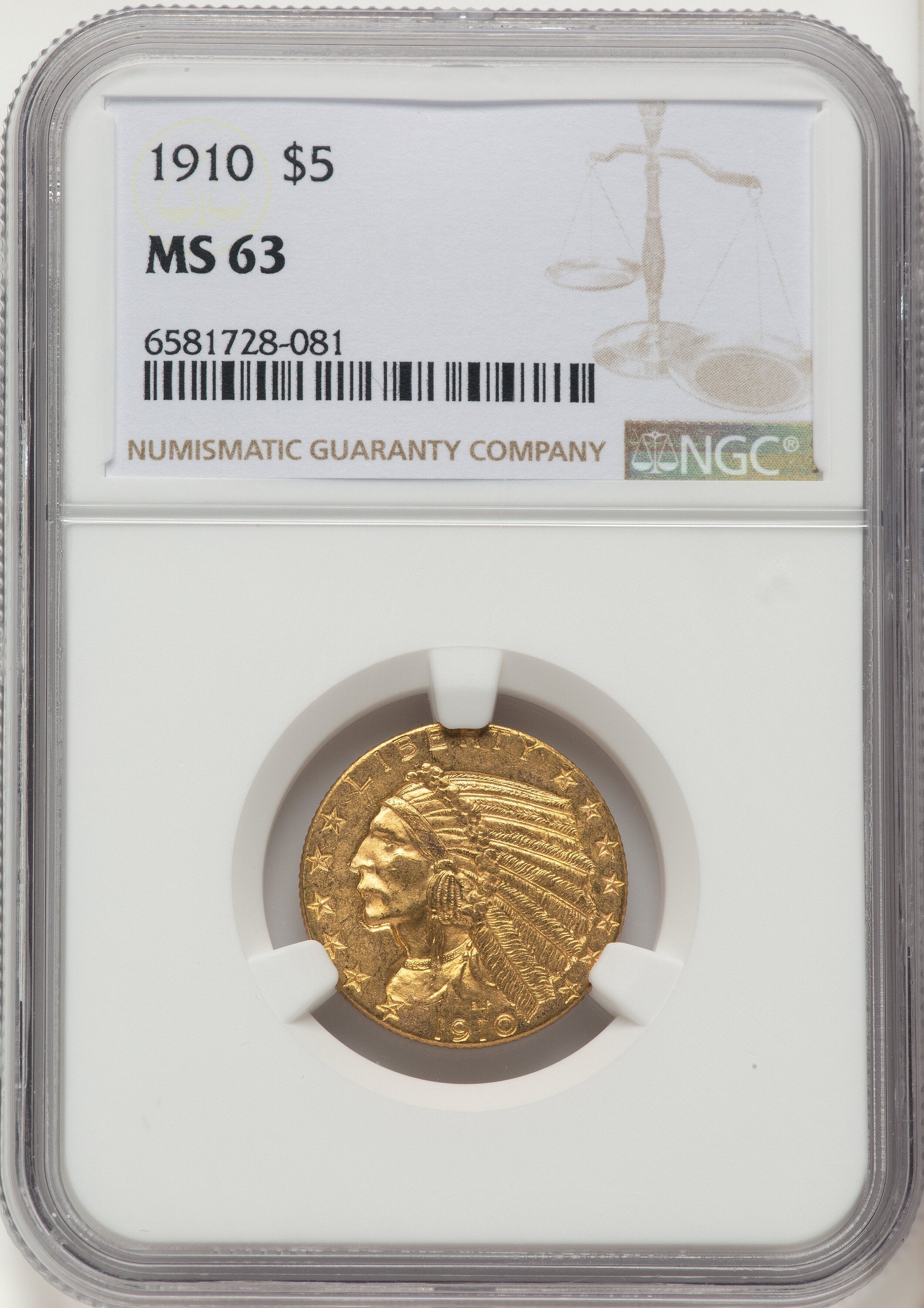 1910 $5 Indian Half Eagle NGC MS63