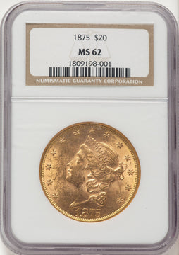 1875 $20 Brown Label Liberty Double Eagle NGC MS62