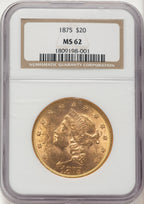 1875 $20 Brown Label Liberty Double Eagle NGC MS62