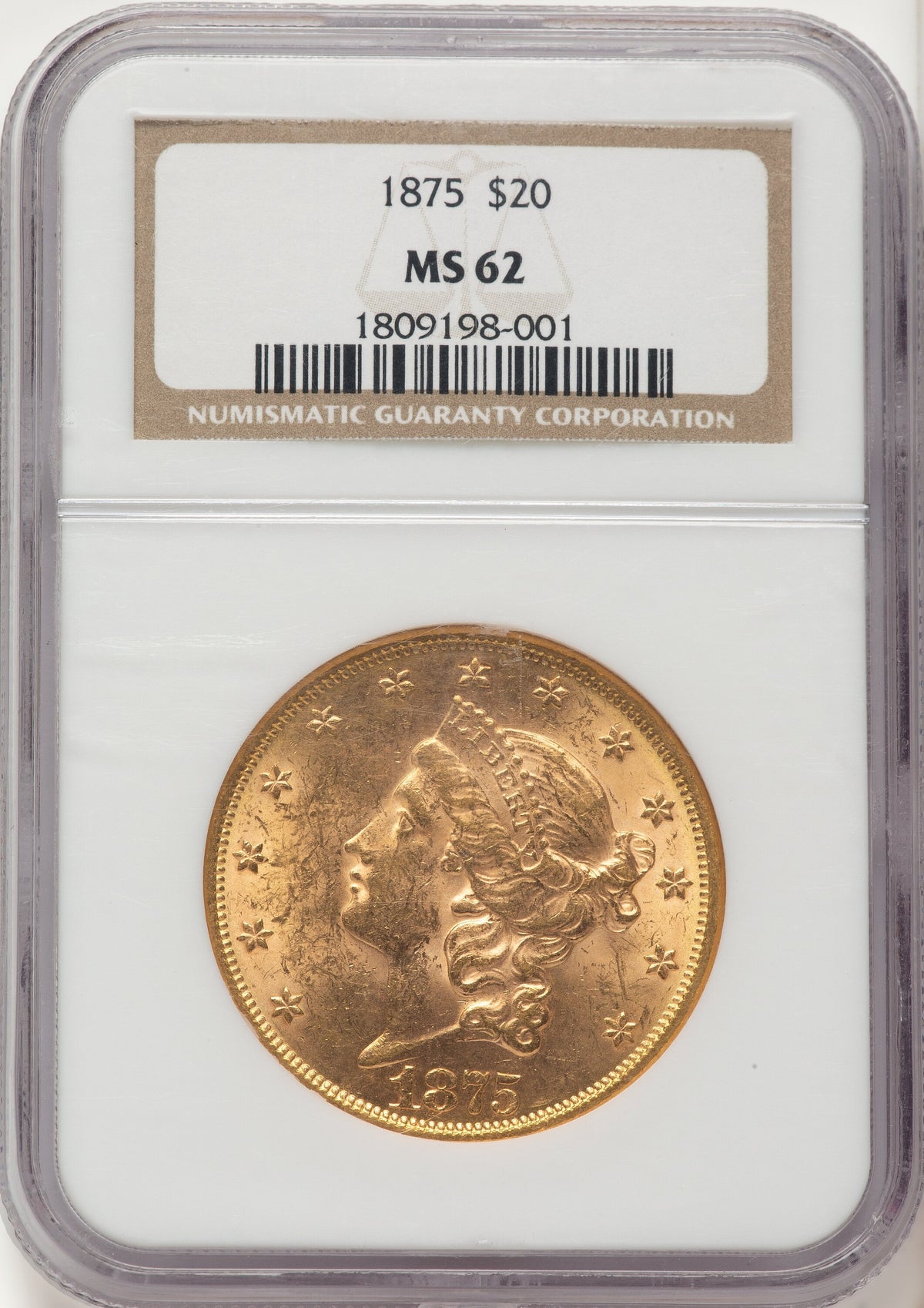 1875 $20 Brown Label Liberty Double Eagle NGC MS62