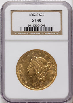 1862-S $20 Liberty Double Eagle NGC XF45