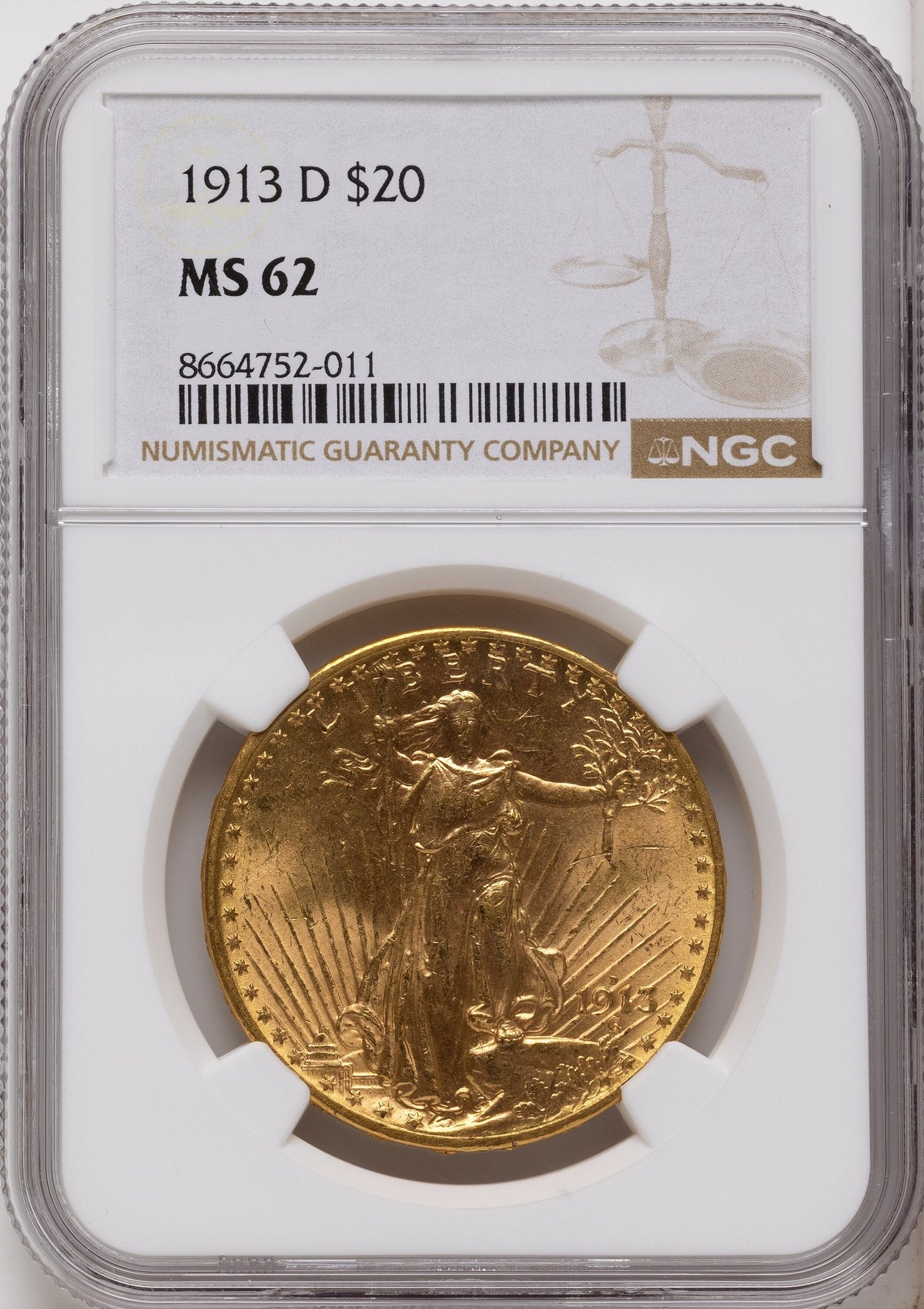 1913-D $20 Saint-Gaudens Double Eagle NGC MS62