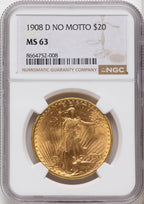 1908-D $20 NO MOTTO Saint-Gaudens Double Eagle NGC MS63