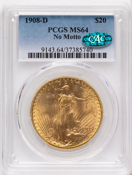 1908-D $20 NO MOTTO CAC Saint-Gaudens Double Eagle PCGS MS64