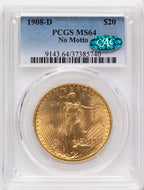 1908-D $20 NO MOTTO CAC Saint-Gaudens Double Eagle PCGS MS64