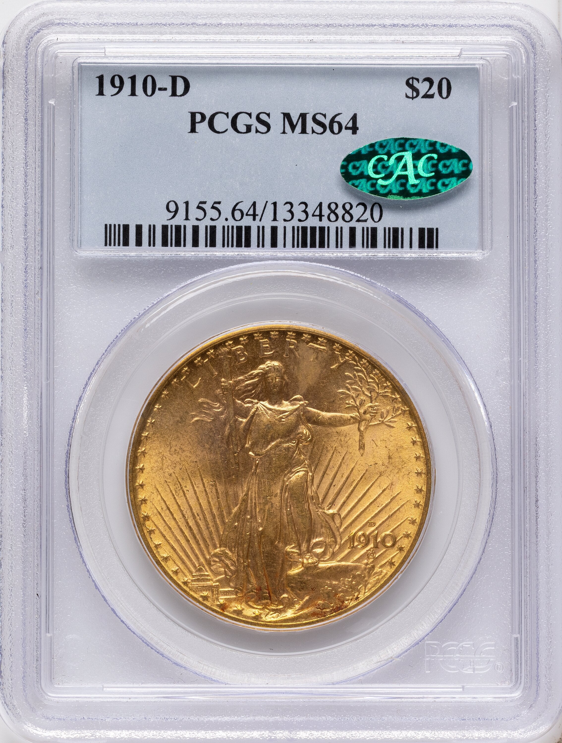 1910-D $20 CAC Saint-Gaudens Double Eagle PCGS MS64