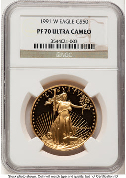 1991-W Proof Gold Eagle 1 oz Brown Label NGC PF70