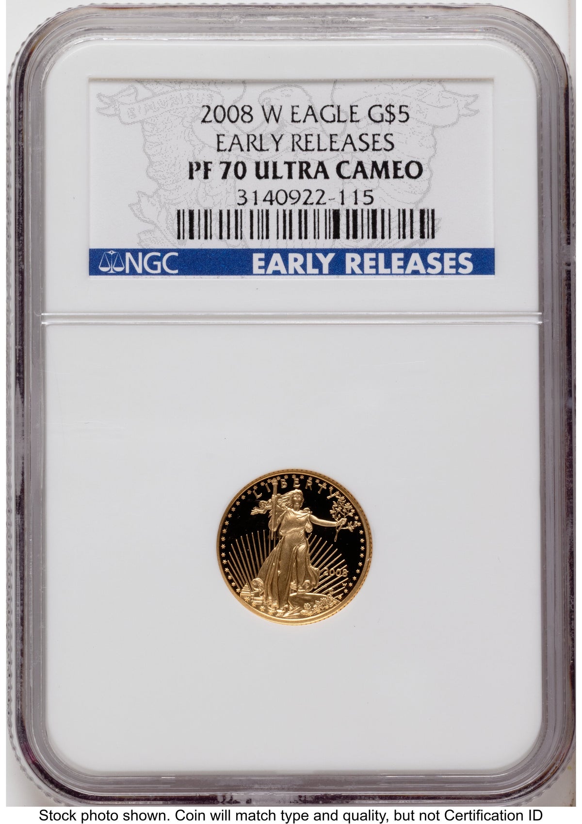 2008-W Proof Gold Eagle 1/10 oz ER Blue NGC PF70