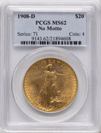 1908-D $20 NO MOTTO Saint-Gaudens Double Eagle PCGS MS62