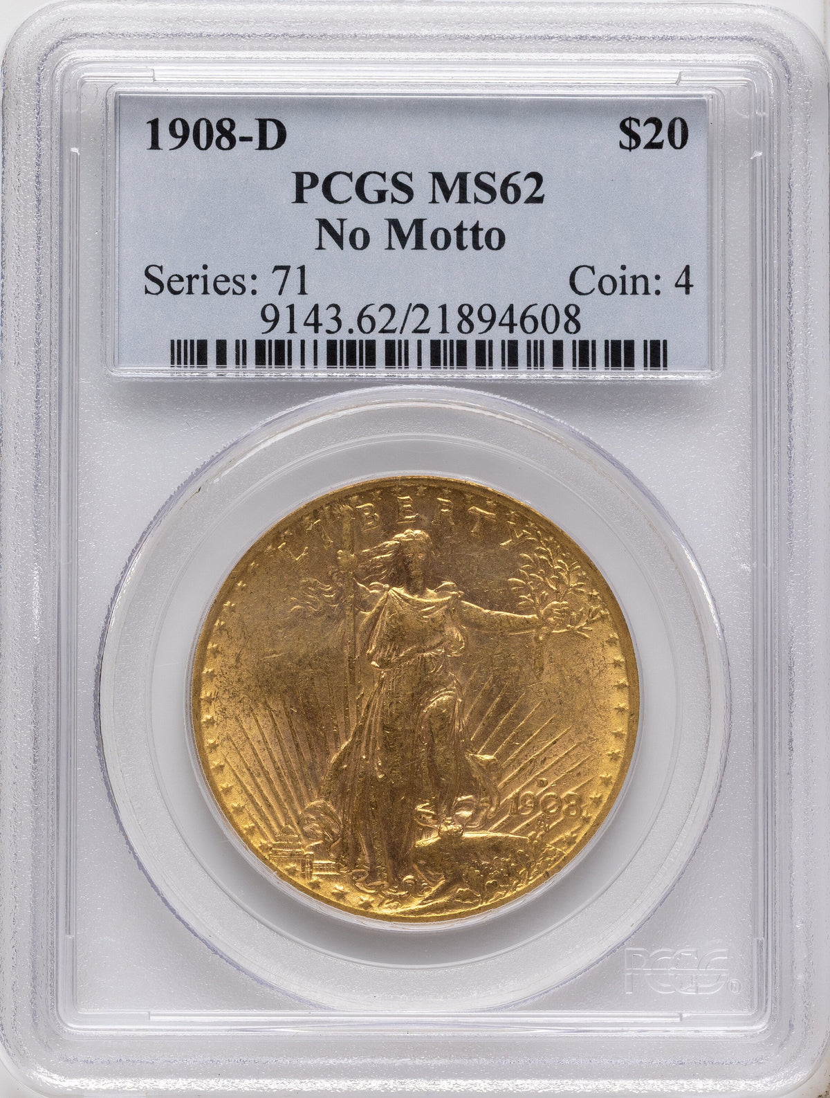 1908-D $20 NO MOTTO Saint-Gaudens Double Eagle PCGS MS62