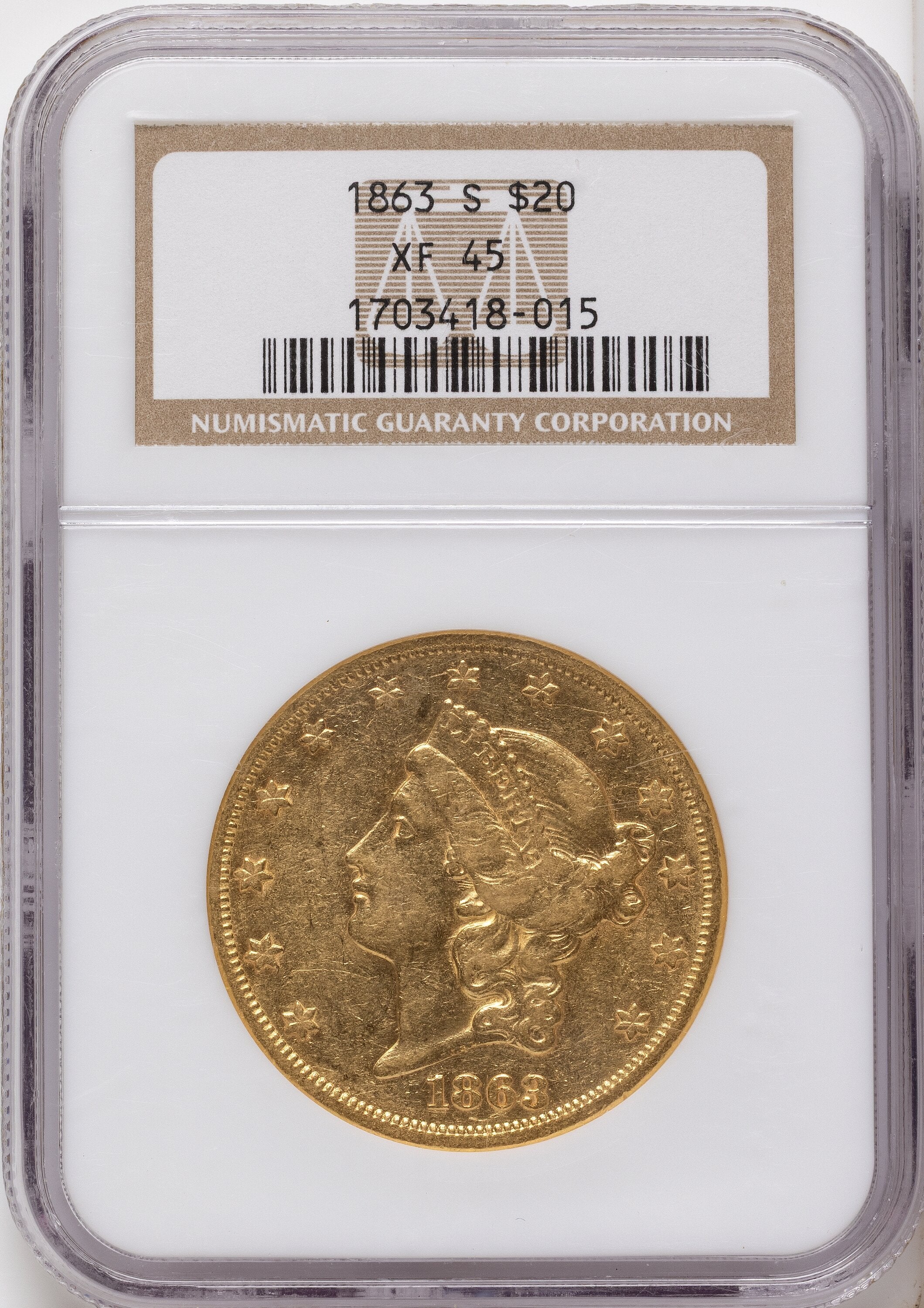 1863-S $20 Liberty Double Eagle NGC XF45