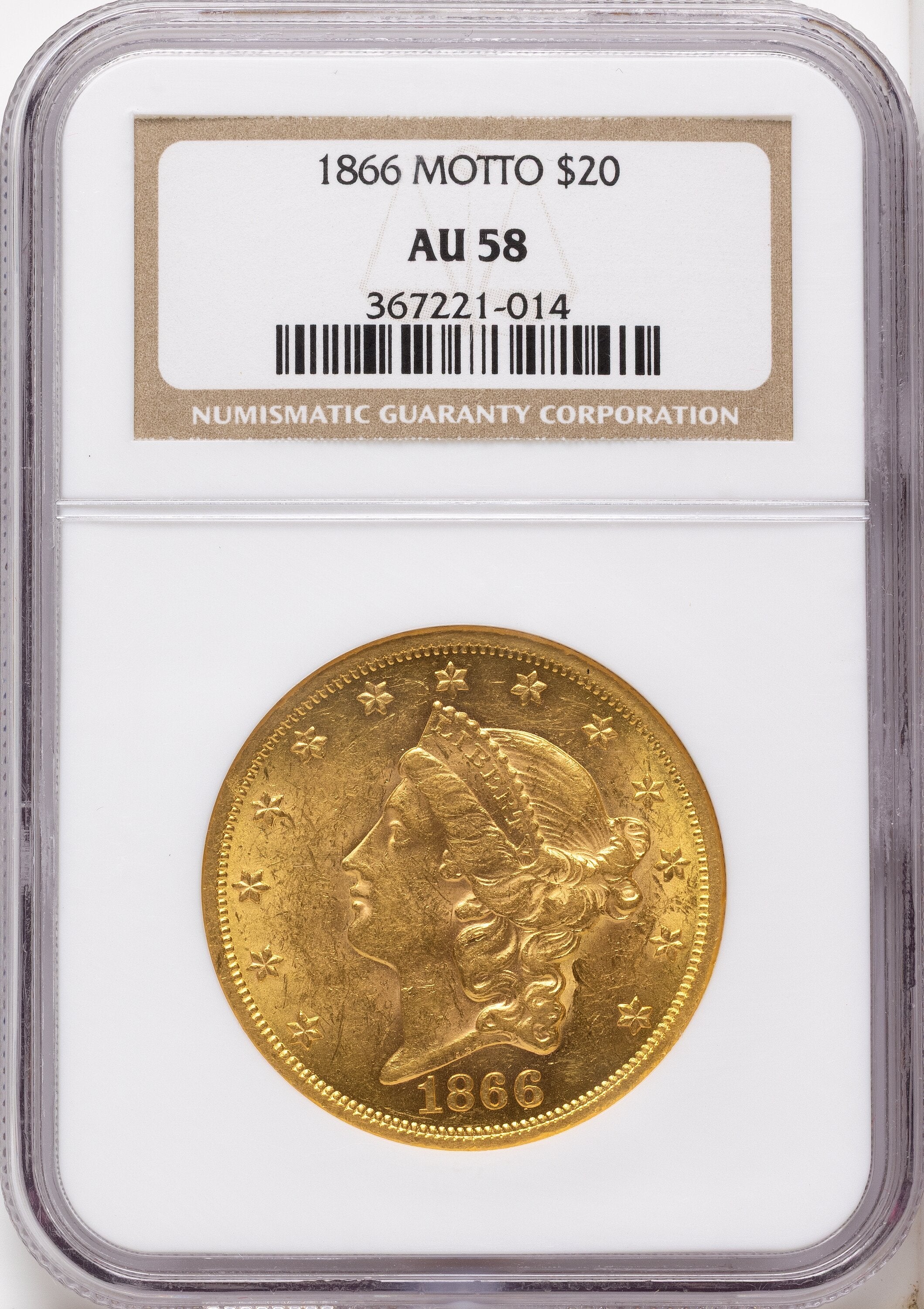 1866 $20 Liberty Double Eagle NGC AU58