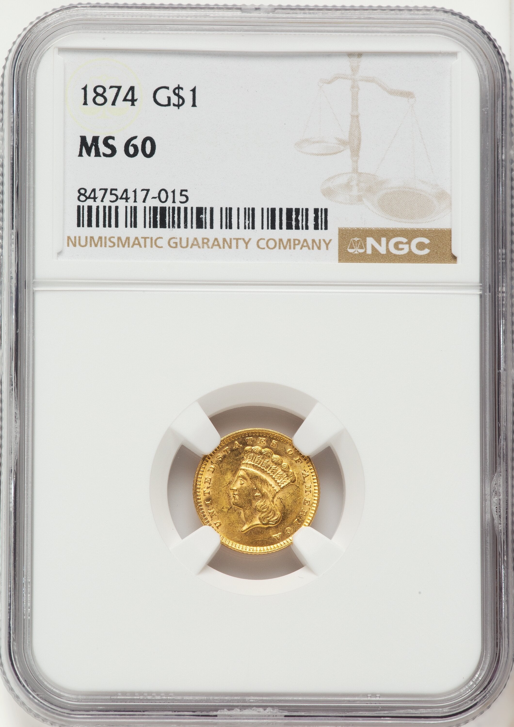 1874 G$1 Gold Dollar NGC MS60