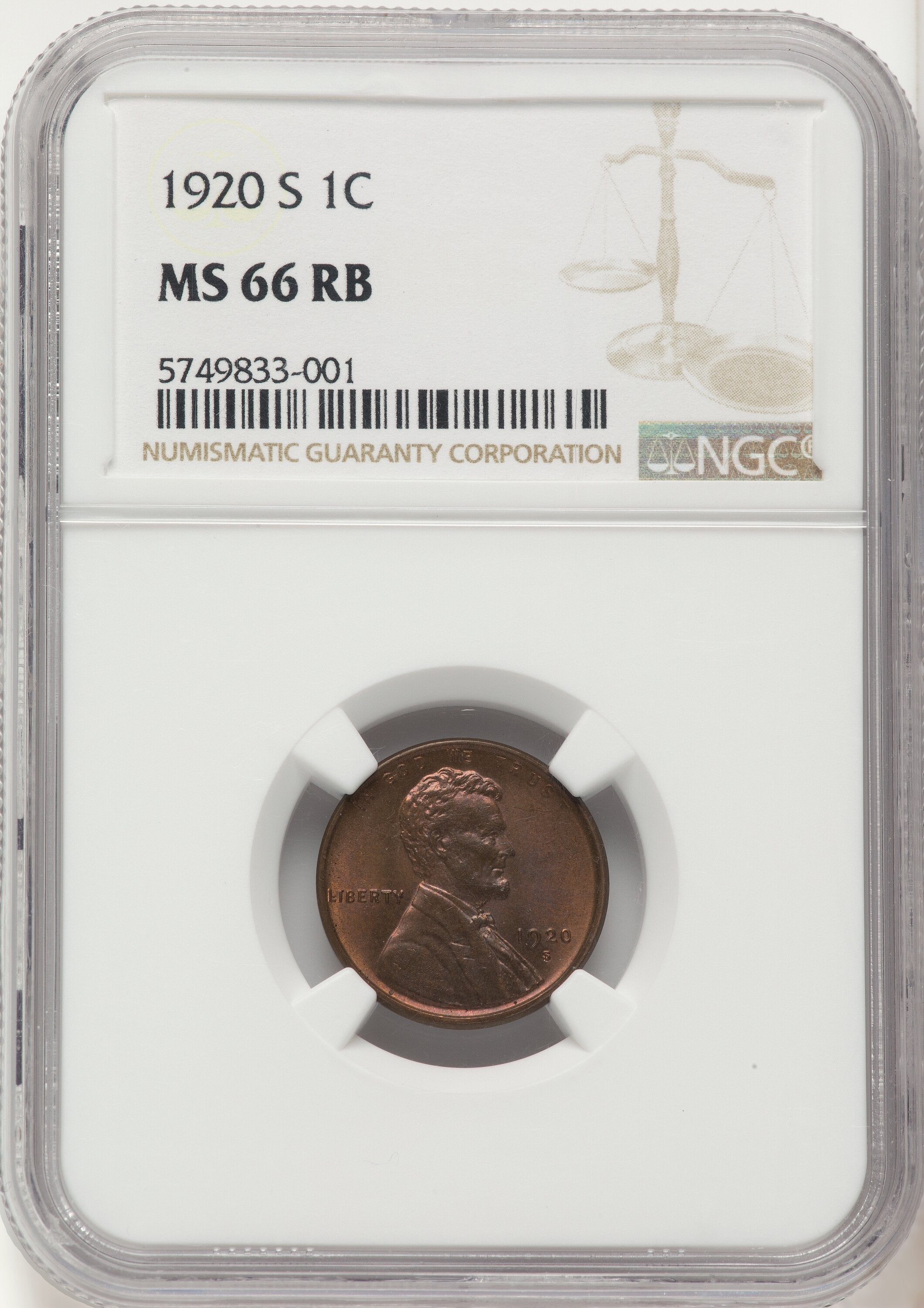 1920-S 1C RB Lincoln Cent NGC MS66