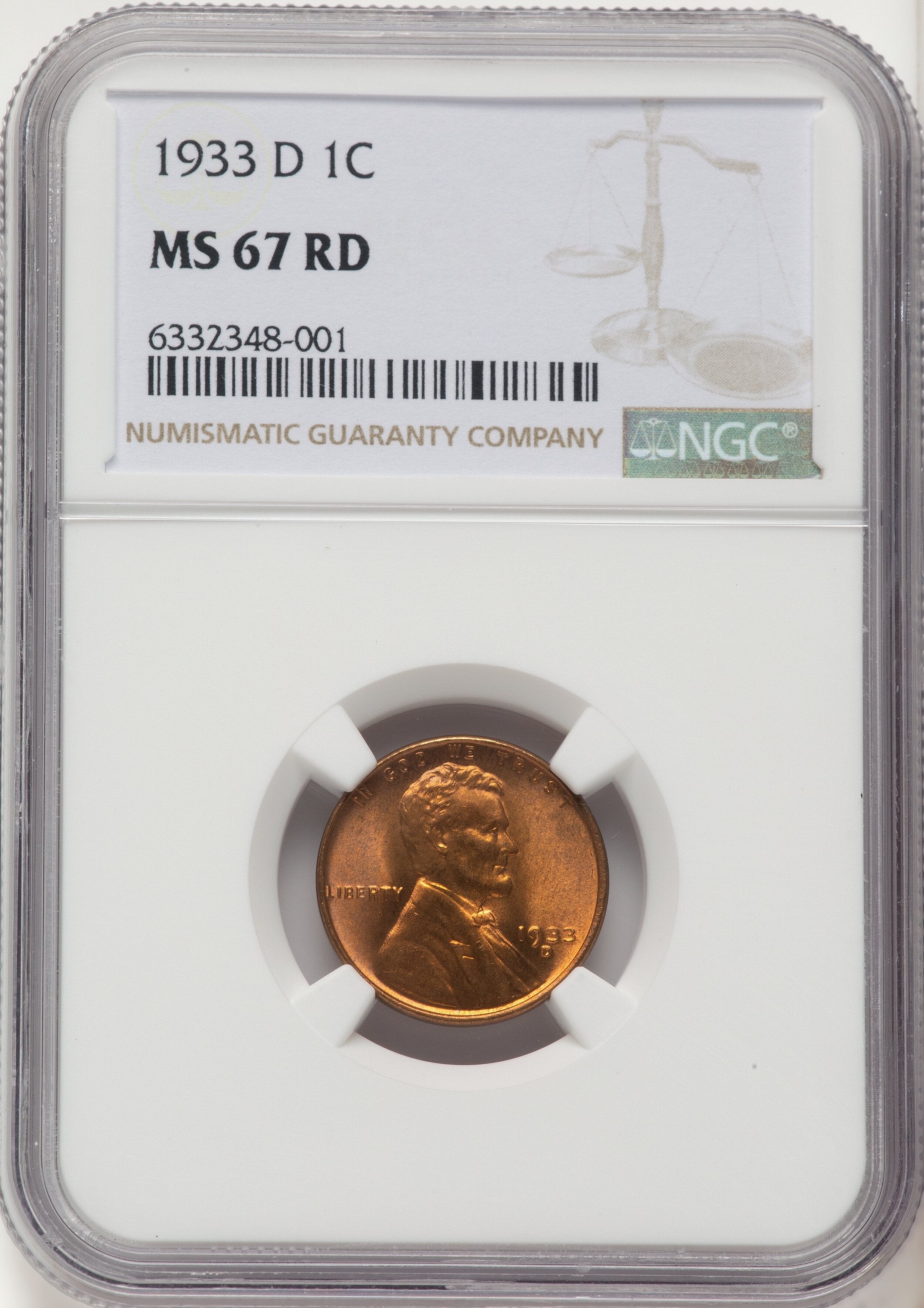 1933-D 1C RD Lincoln Cent NGC MS67