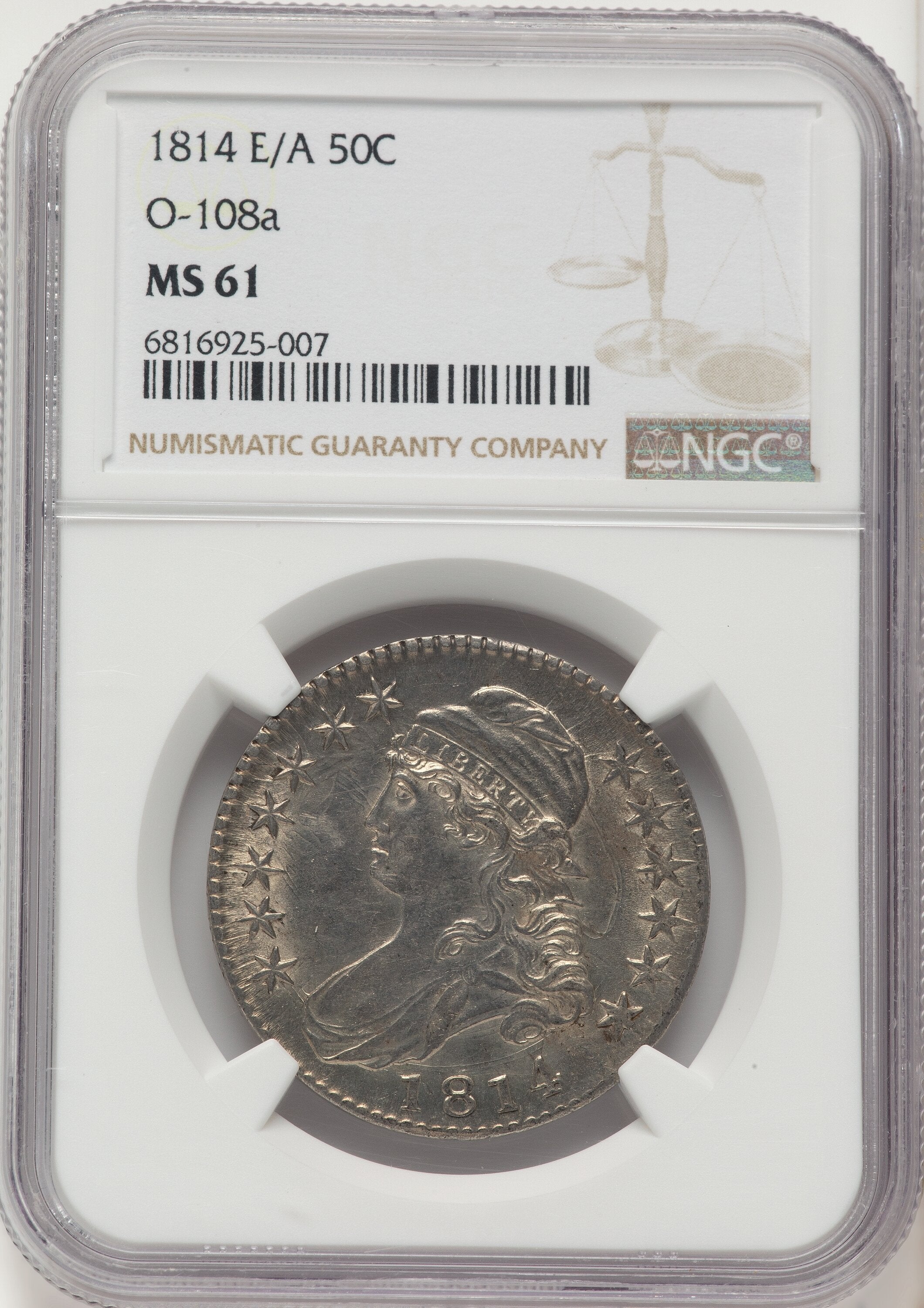 1814 50C E/A in STATAS O-108a Bust Half Dollar NGC MS61