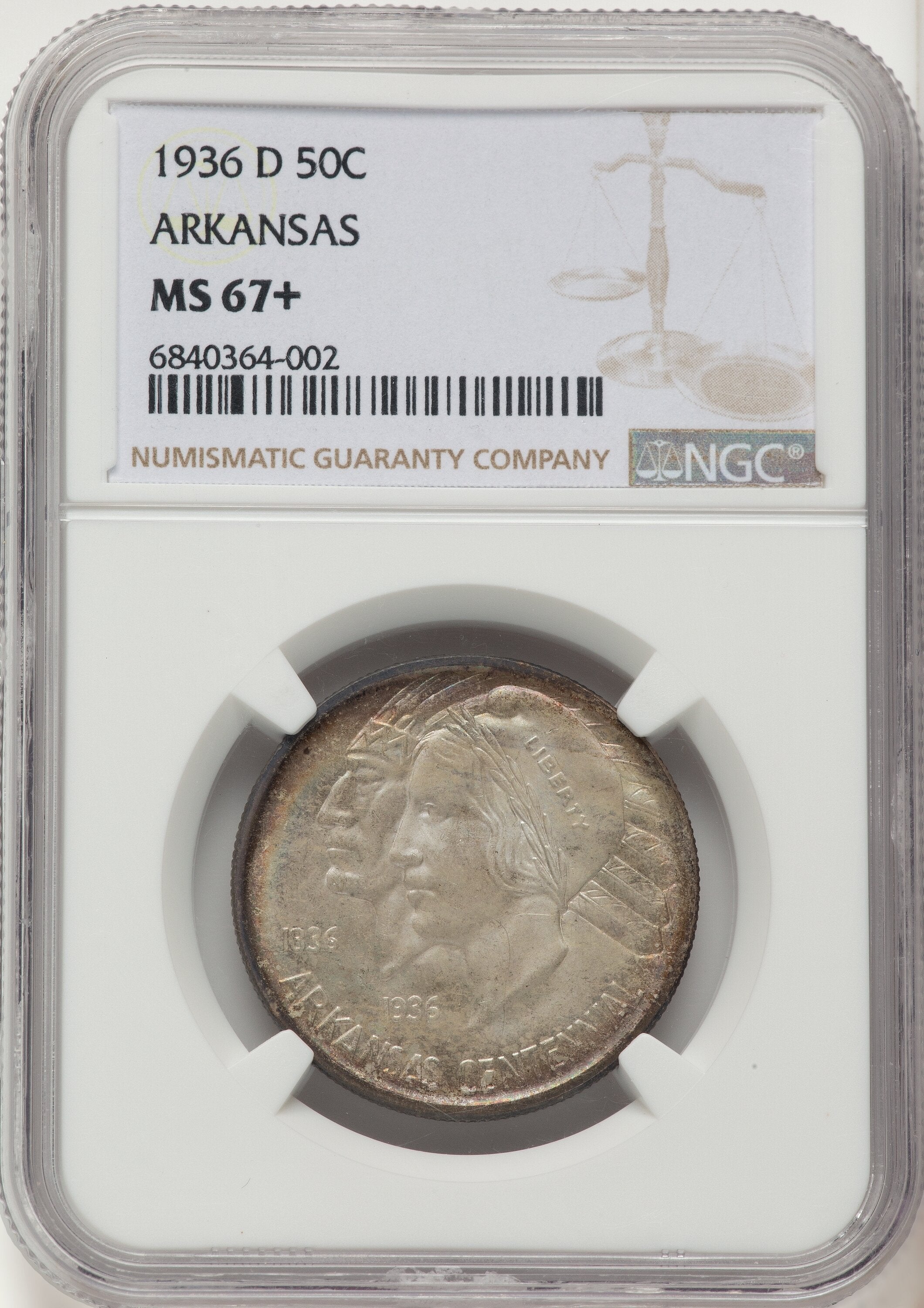 1936-D 50C Arkansas Commemorative Silver NGC MS67+