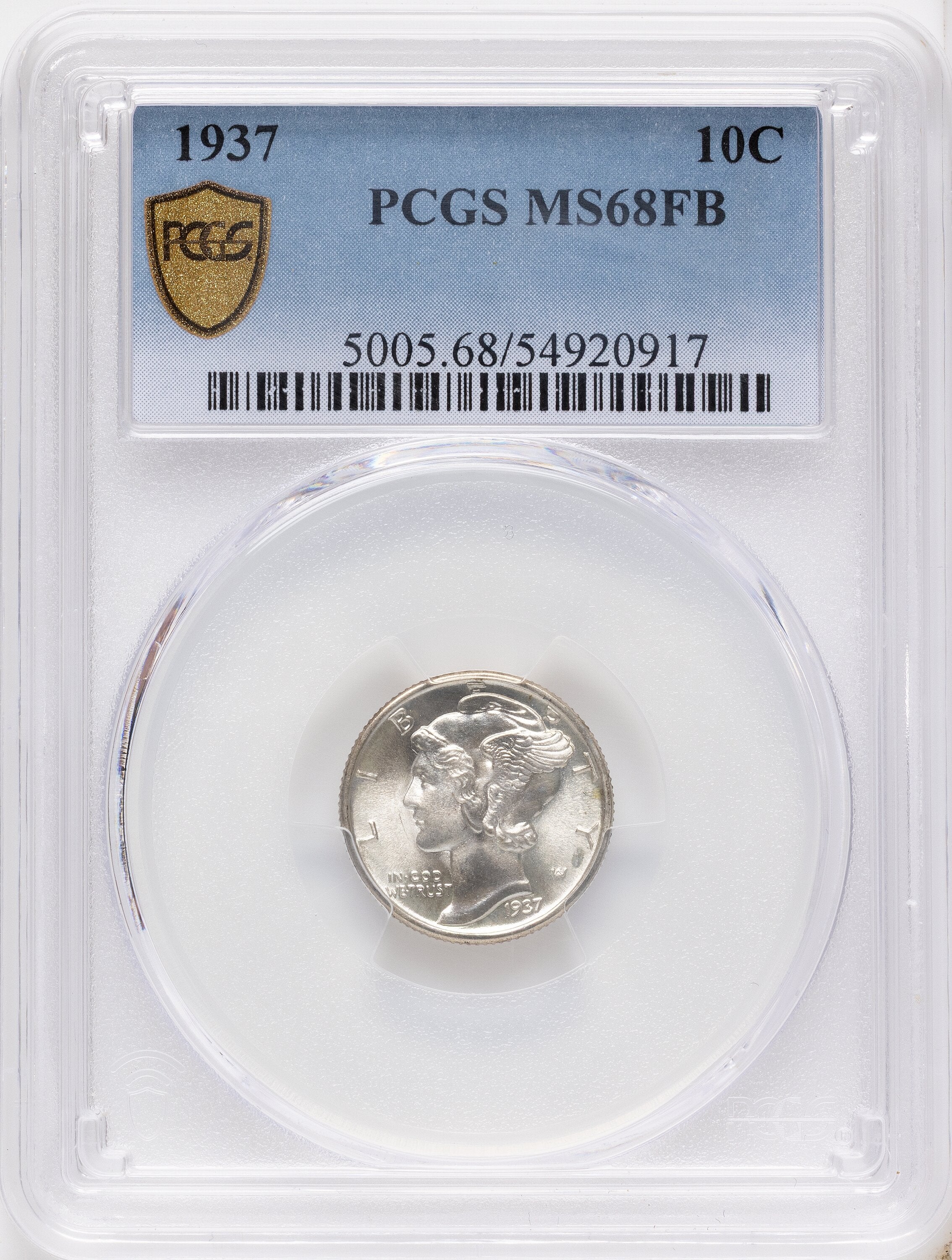 1937 10C FB Mercury Dime PCGS MS68
