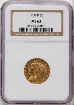 1908-D $5 Indian Half Eagle NGC MS63