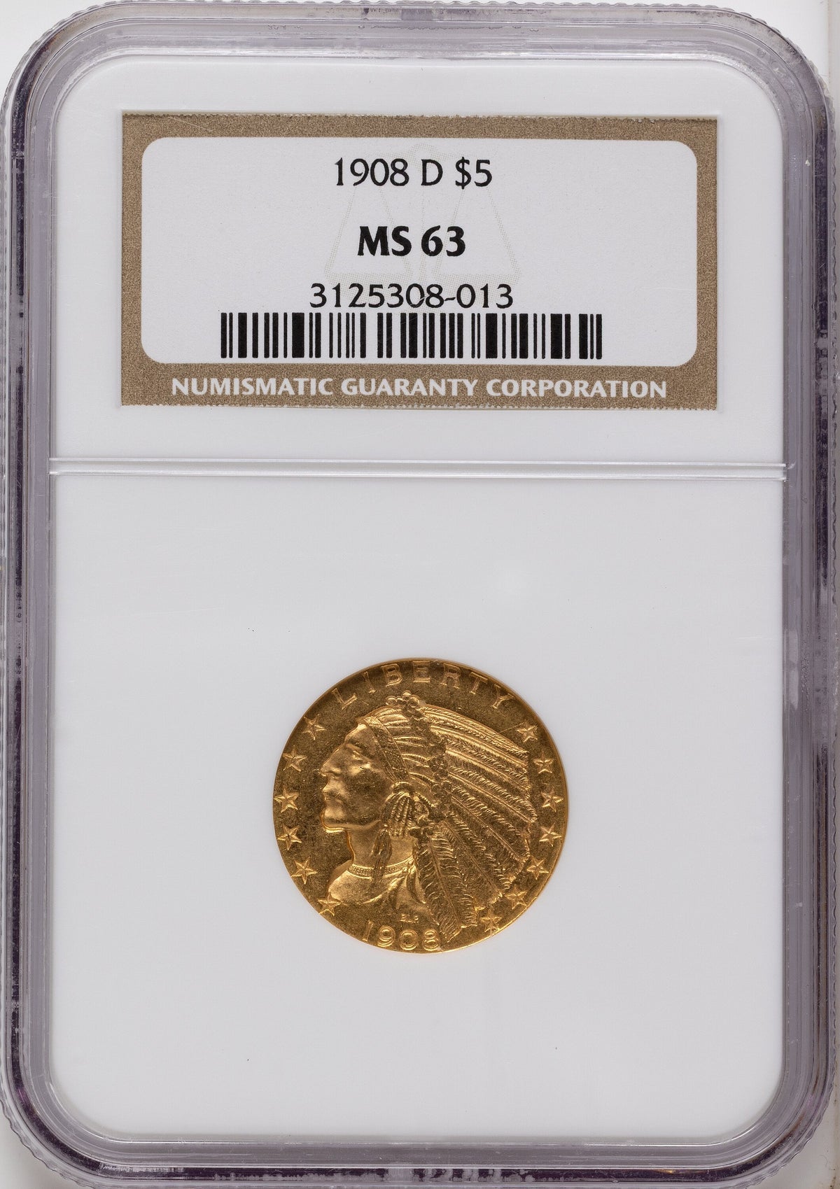 1908-D $5 Indian Half Eagle NGC MS63