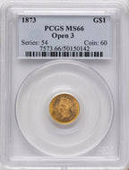 1873 G$1 OPEN 3 Gold Dollar PCGS MS66