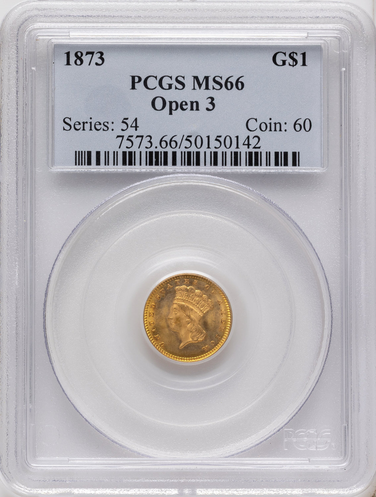 1873 G$1 OPEN 3 Gold Dollar PCGS MS66