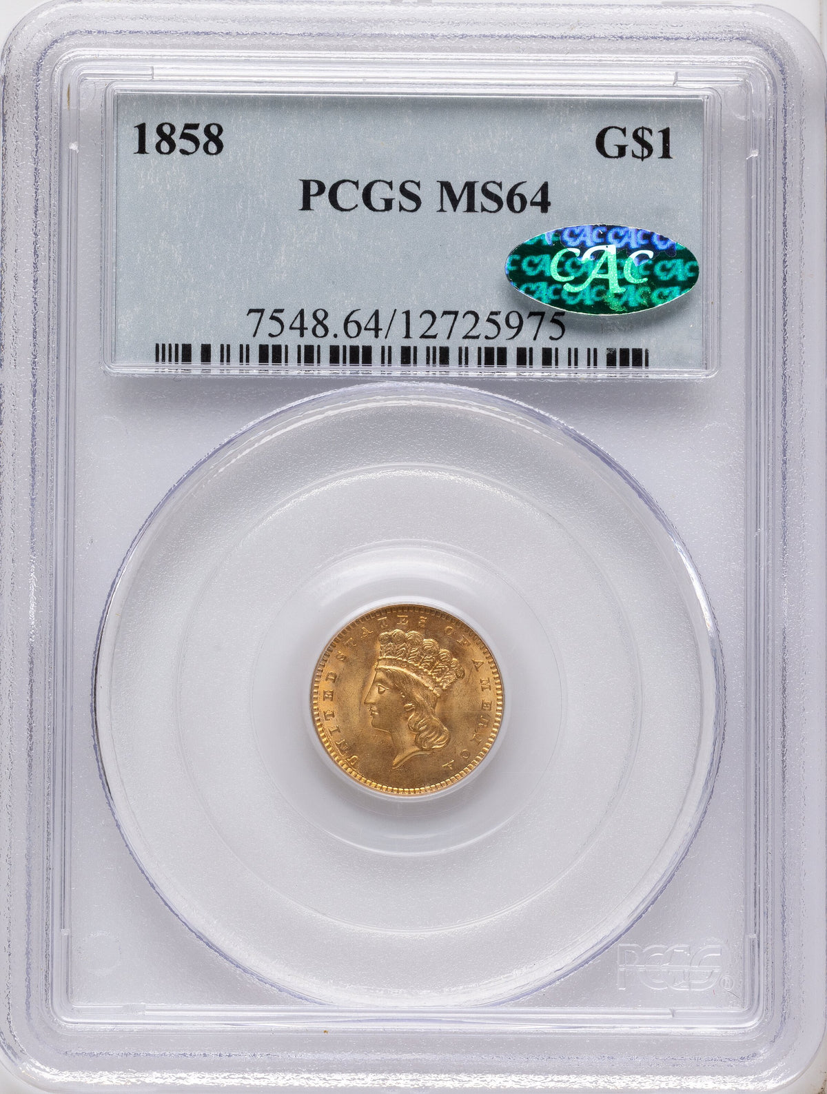 1858 G$1 CAC Gold Dollar PCGS MS64