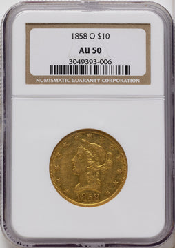 1858-O $10 Liberty Eagle NGC AU50