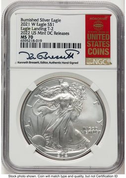 2021-W TY2 Burnished Silver Eagle 1 oz 2022 US Mint Releases Kenneth Bressett Red Book NGC PF70