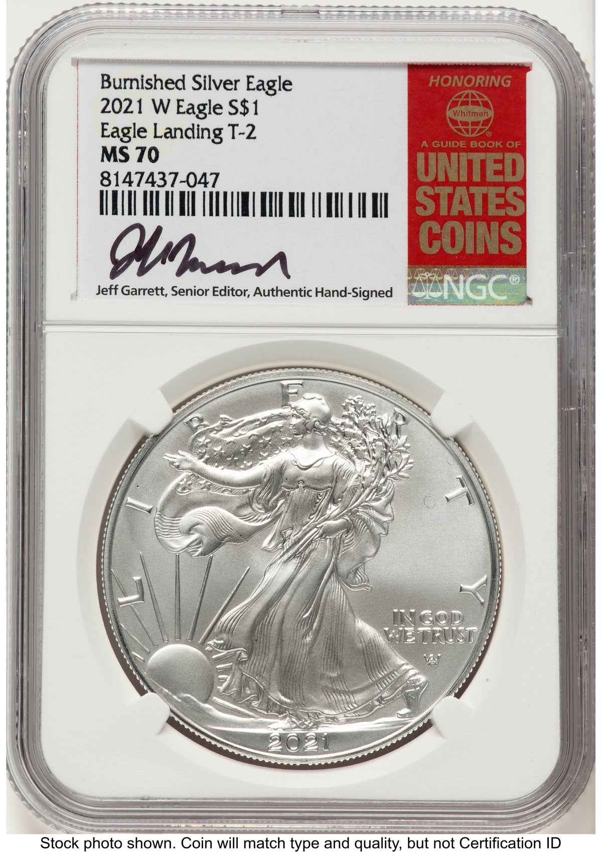 2021-W TY2 Burnished Silver Eagle 1 oz Jeff Garrett Red Book NGC MS70