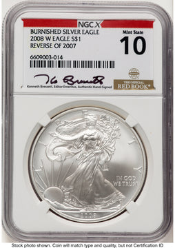 2008-W Reverse of 2007 Burnished Silver Eagle 1 oz Kenneth Bressett Red Book X-Label NGCX MS10