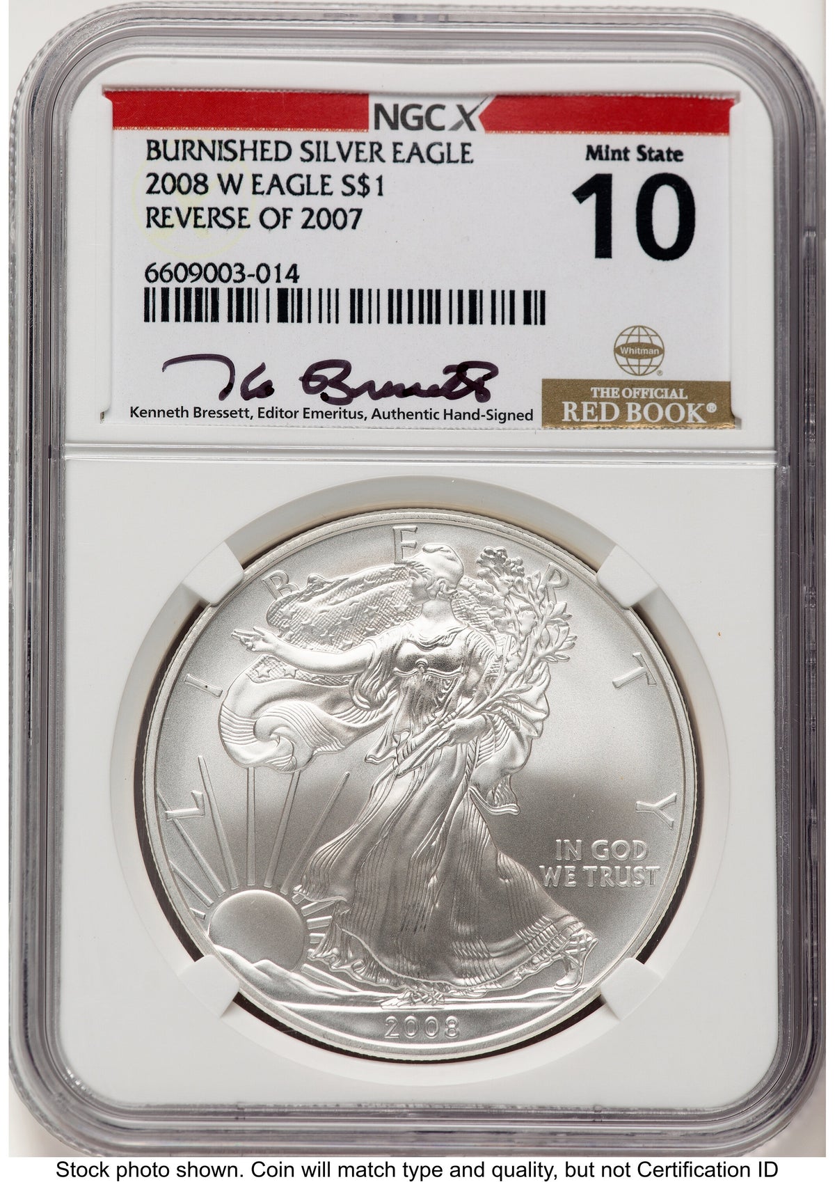 2008-W Reverse of 2007 Burnished Silver Eagle 1 oz Kenneth Bressett Red Book X-Label NGCX MS10