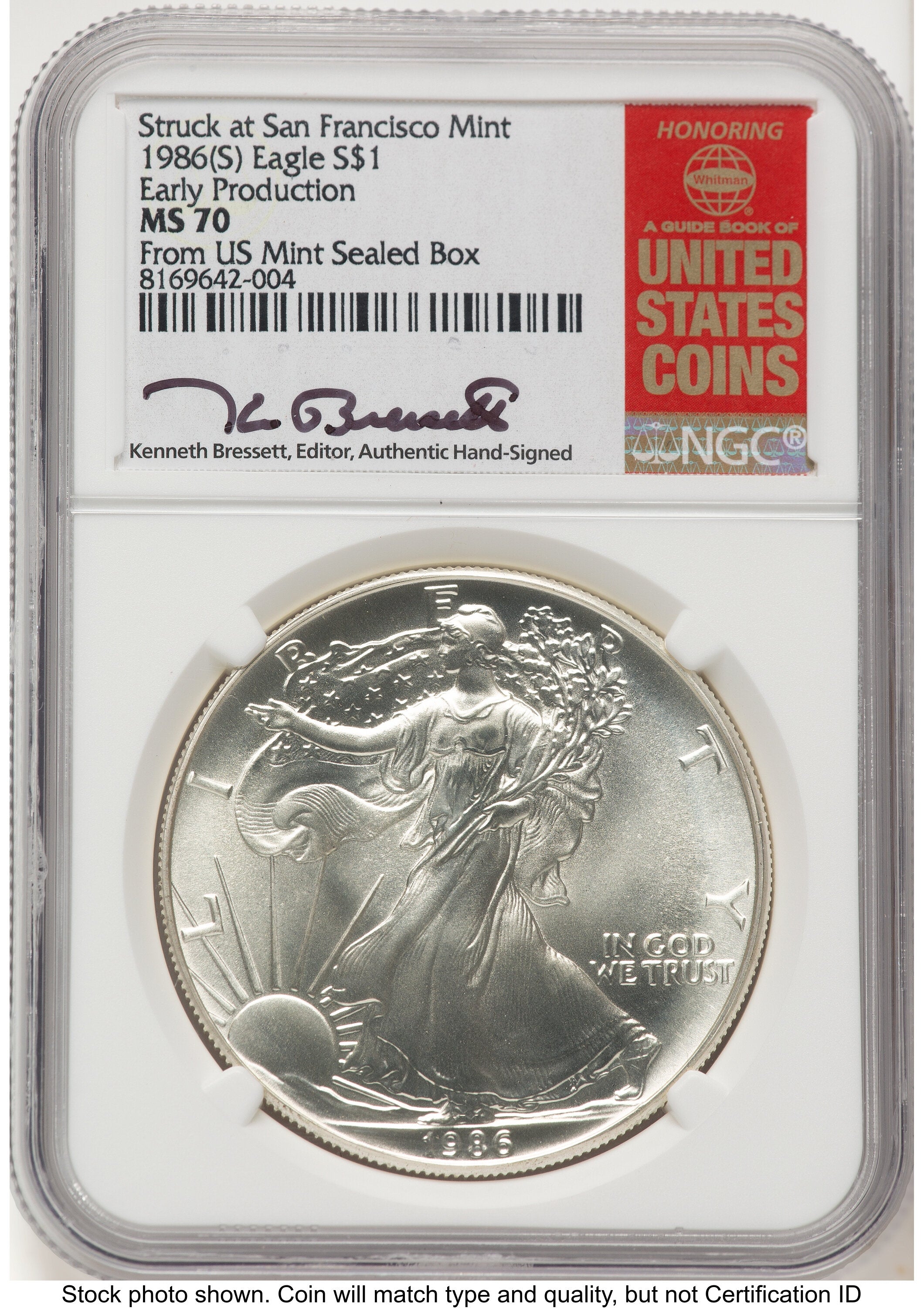 1986-(S) Silver Eagle Early Production Kenneth Bressett Red Book From US Mint Sealed Box NGC MS70