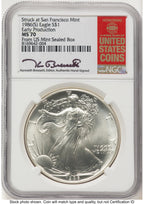 1986-(S) Silver Eagle Early Production Kenneth Bressett Red Book From US Mint Sealed Box NGC MS70