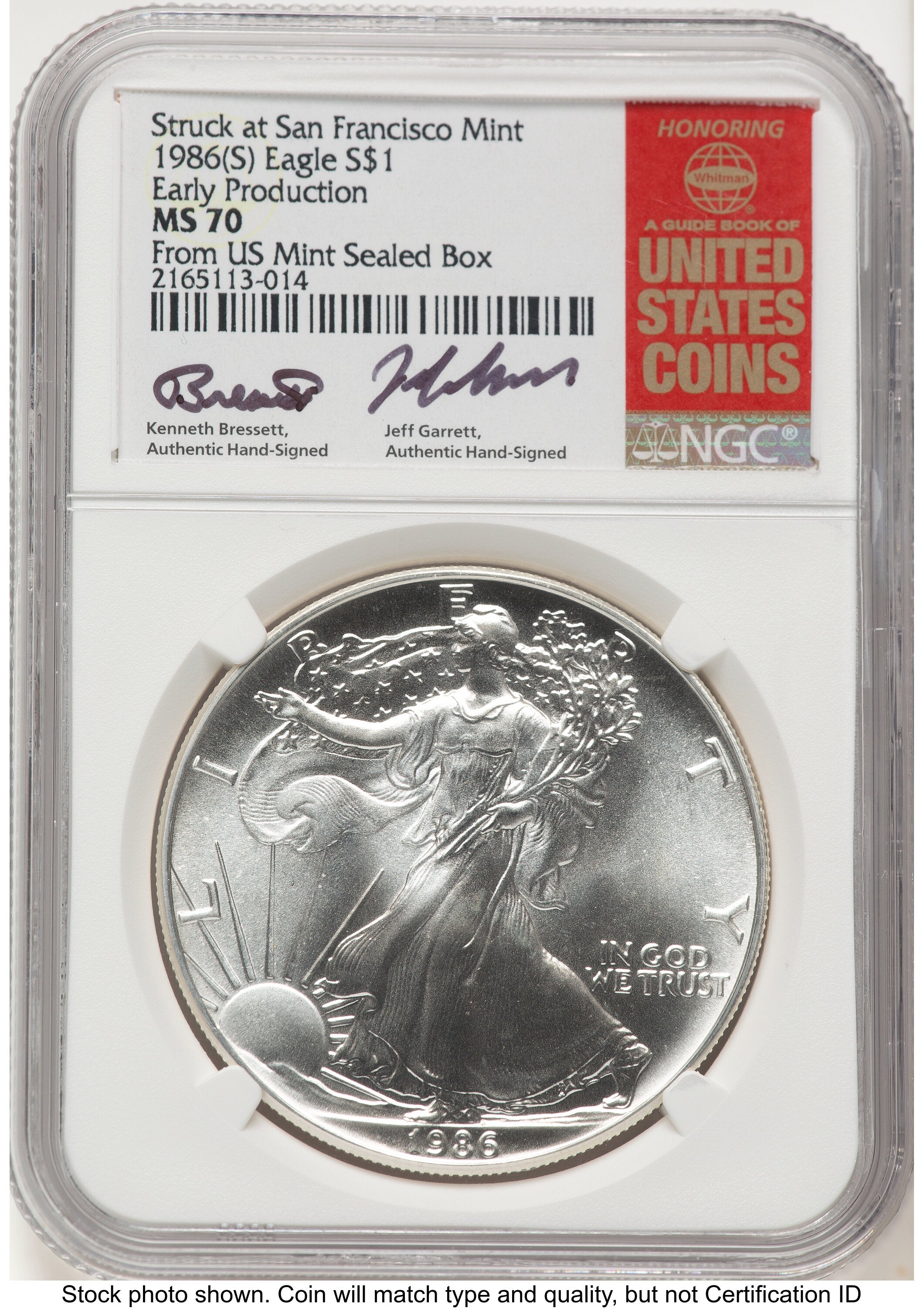 1986-(S) Silver Eagle Early Production Kenneth Bressett/Jeff Garrett Red Book From US Mint Sealed Box NGC MS70