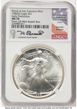 1986-(S) Silver Eagle Early Production Kenneth Bressett Portrait From US Mint Sealed Box NGC MS70
