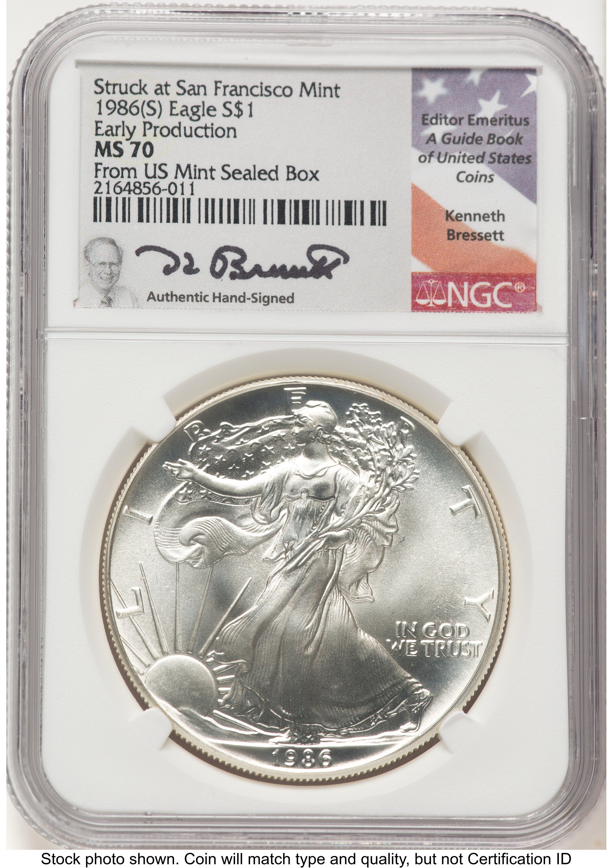 1986-(S) Silver Eagle Early Production Kenneth Bressett Portrait From US Mint Sealed Box NGC MS70