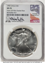 1992 Silver Eagle Mike Castle From US Mint Sealed Box NGC MS70