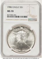 1986 Silver Eagle Brown Label NGC MS70