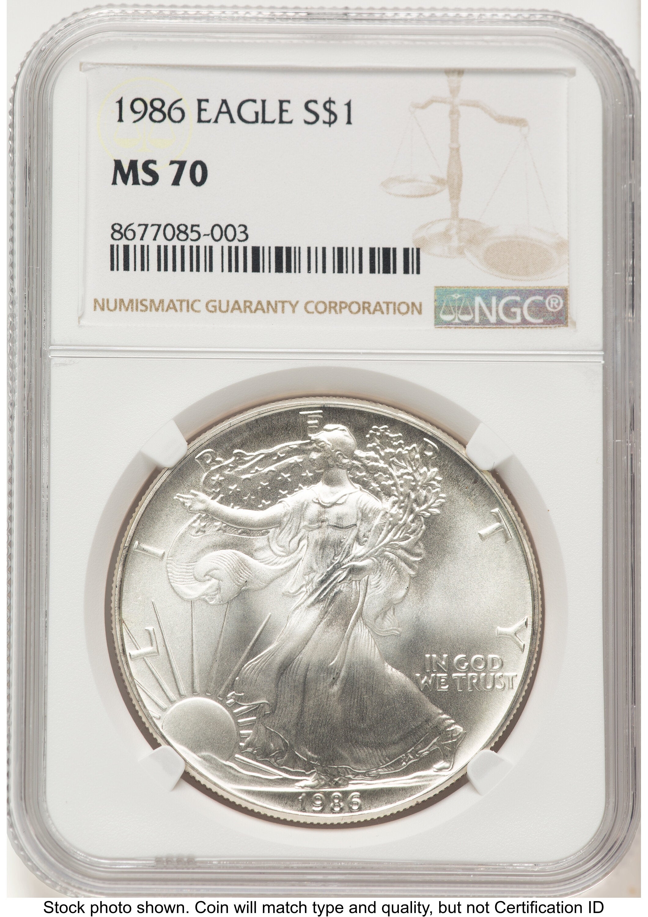 1986 Silver Eagle Brown Label NGC MS70