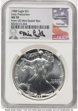 1988 Silver Eagle Early Production Mike Castle From US Mint Sealed Box NGC MS70