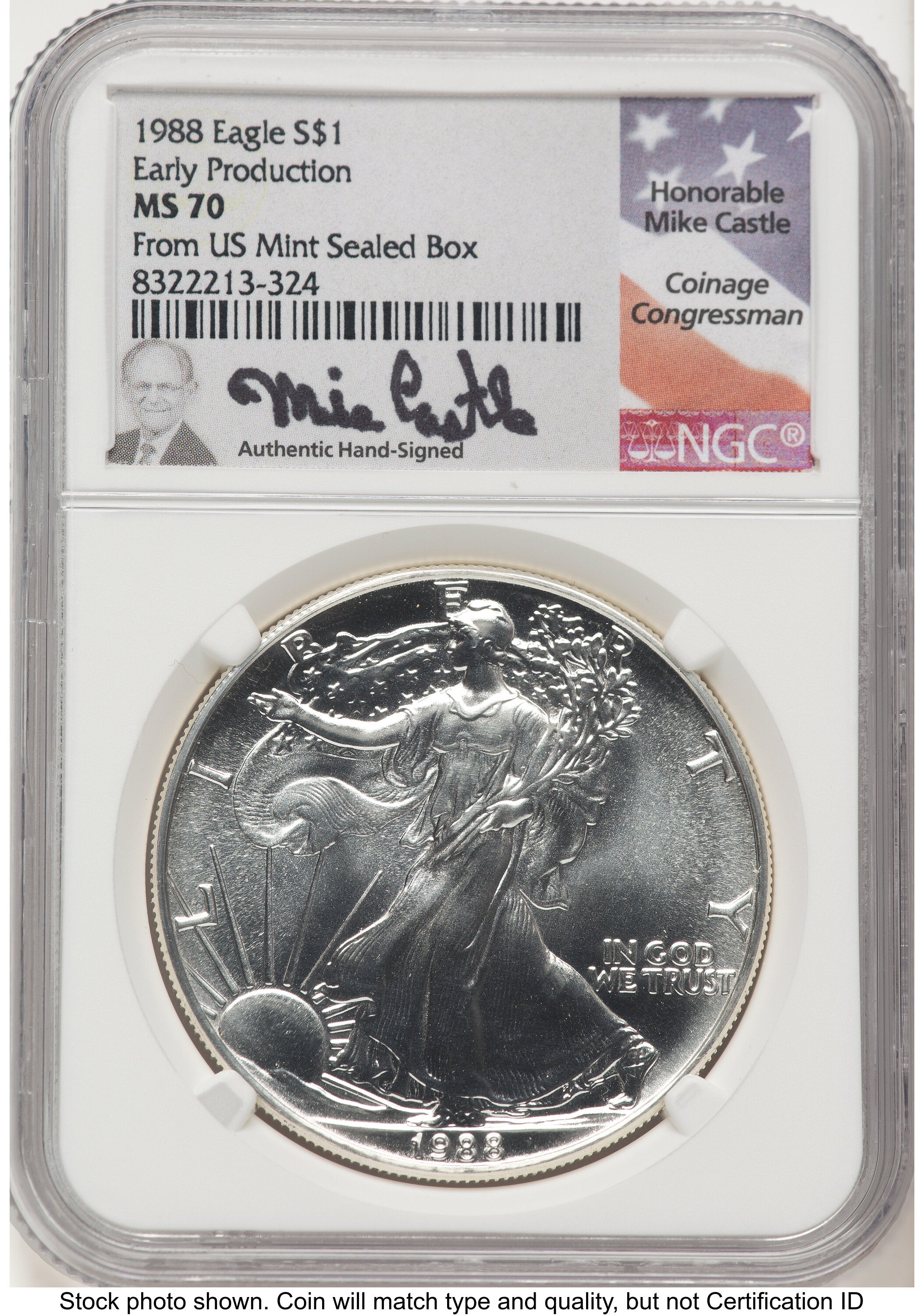1988 Silver Eagle Early Production Mike Castle From US Mint Sealed Box NGC MS70