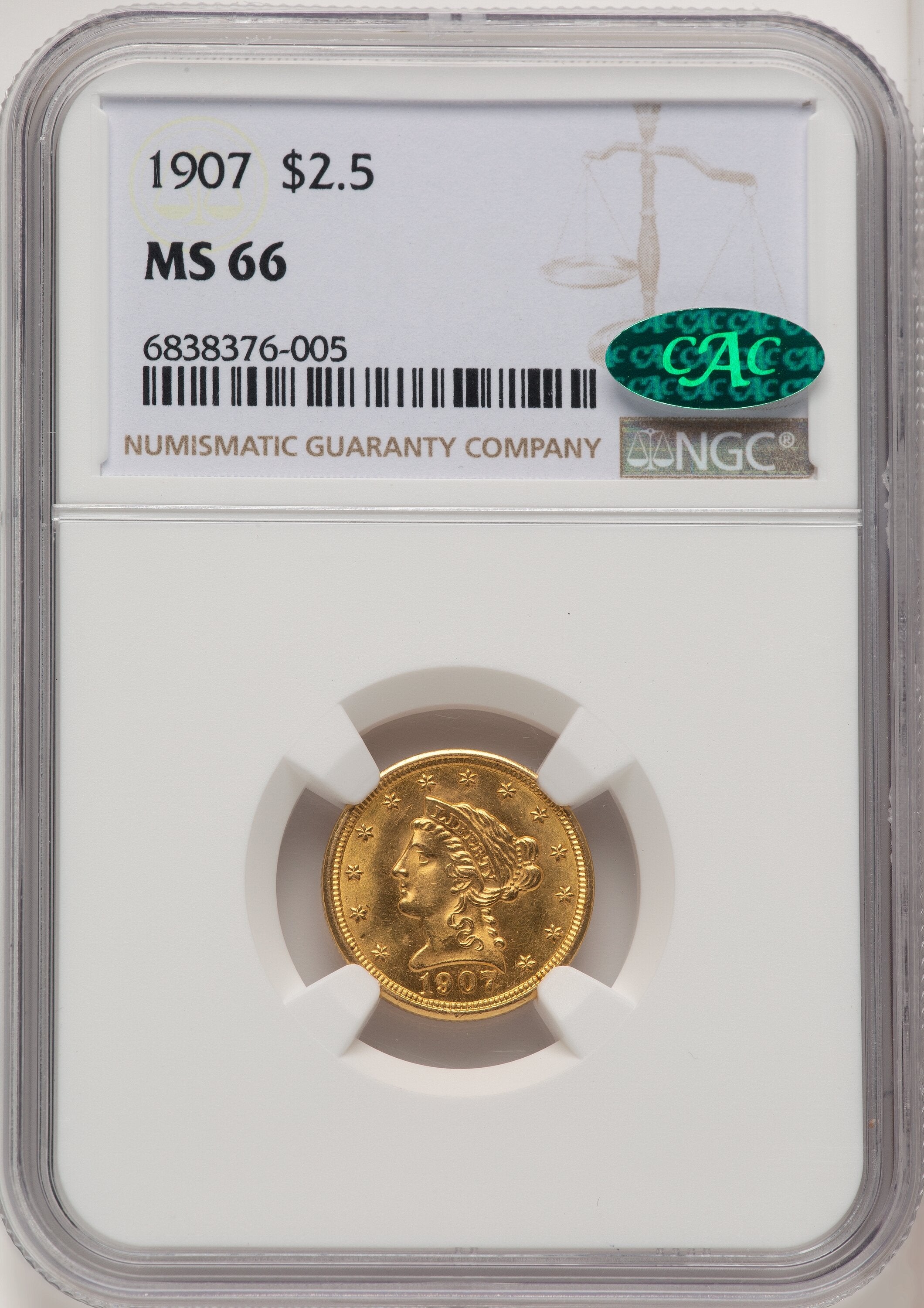 1907 $2.50 CAC Liberty Quarter Eagle NGC MS66
