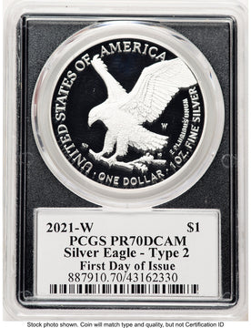 2021-W TY2 Proof Silver Eagle 1 oz FDI Emily Damstra Blk Frame PCGS PR70