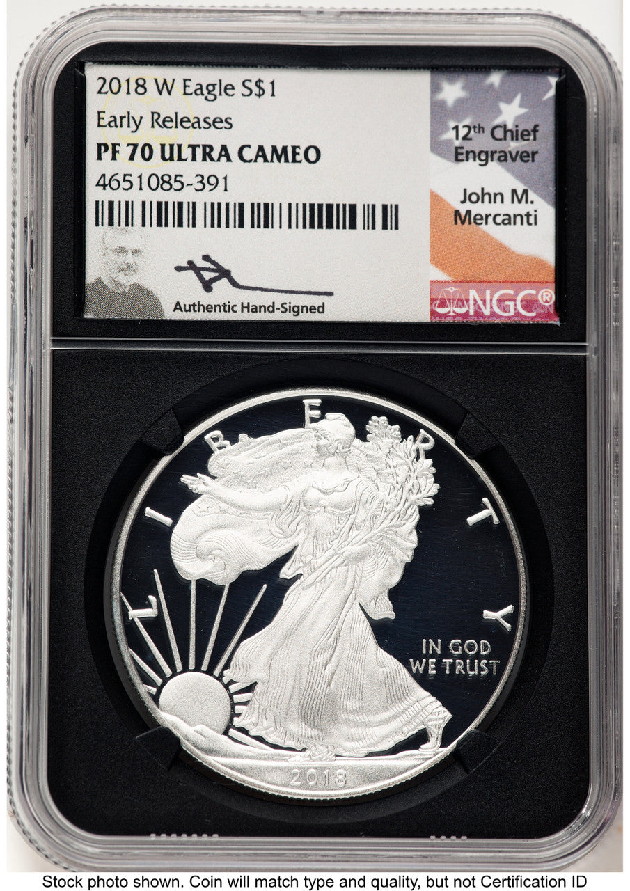 2018-W Proof Silver Eagle 1 oz ER John NGC PF70 Mercanti
